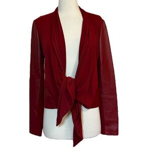 Bagatelle Open Front Waterfall Draped Red Leather Panel Jacket size Small